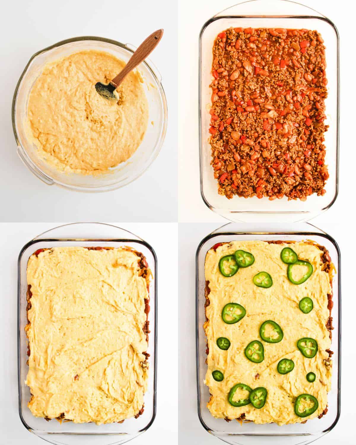 Four-step collage showing a casserole being made: mixing cornbread batter, layering cooked meat and vegetables in a dish, spreading cornbread batter on top, and finishing with sliced jalapeños before baking.