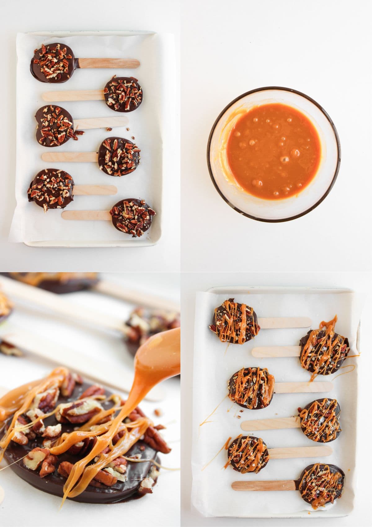 A collage of four images shows chocolate-dipped pecan clusters on popsicle sticks, gooey caramel sauce in a bowl, caramel being drizzled over the clusters, and the finished treats with caramel drizzle on parchment paper.