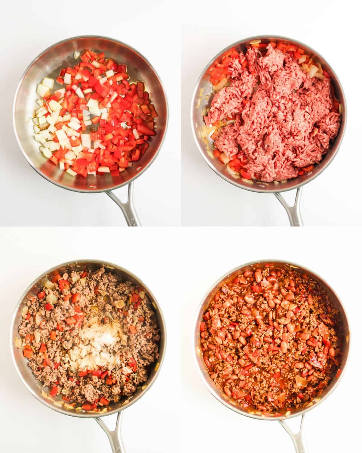 A four-step collage shows chili being made: sautéed onions and peppers in a pan, ground beef added, meat browning with spices, and finished chili with beans and sauce.