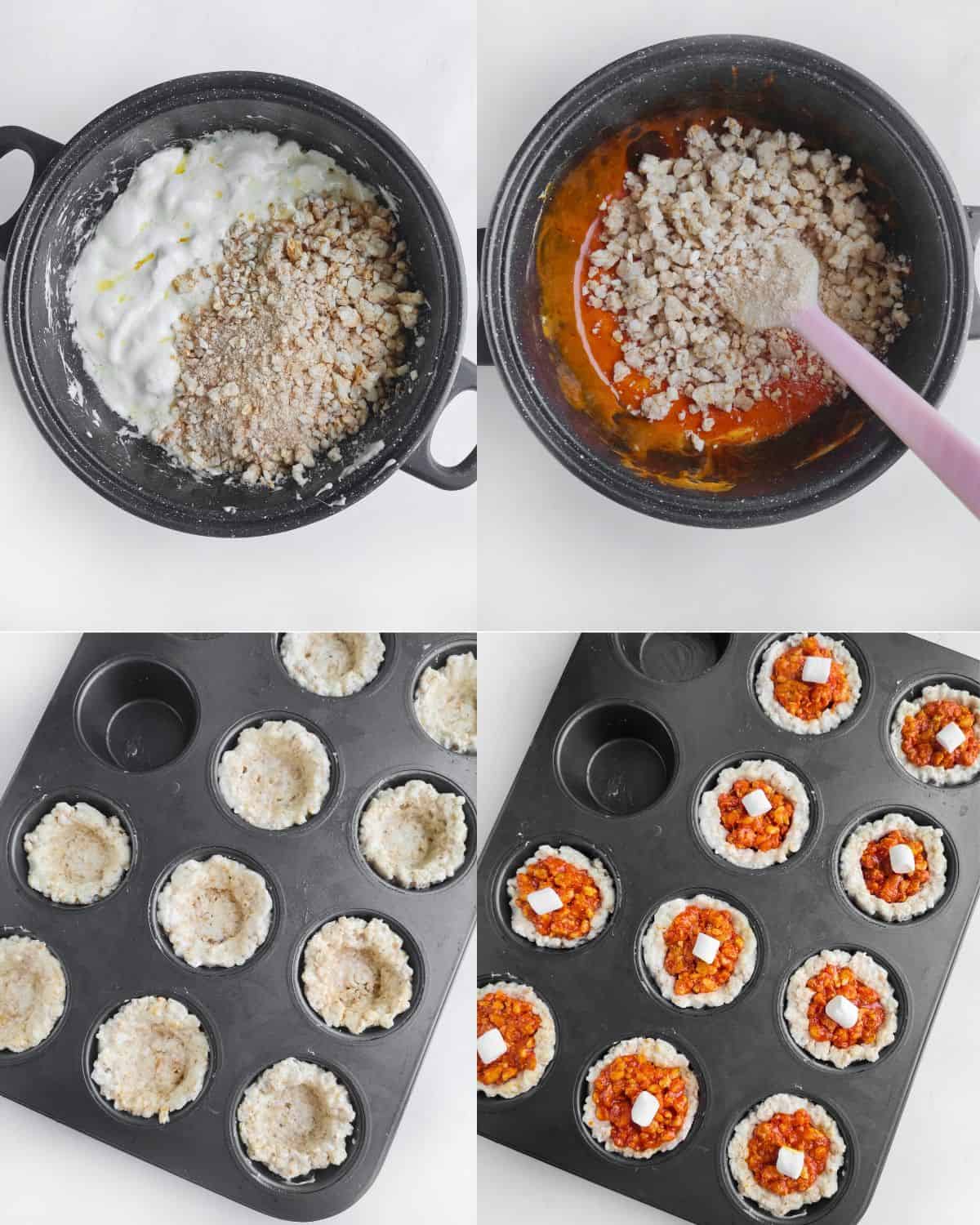 Four images show the steps of making savory muffins: mixing white batter, then adding an orange mixture, spooning batter into a muffin tin, and topping each with orange filling and a small white cube.