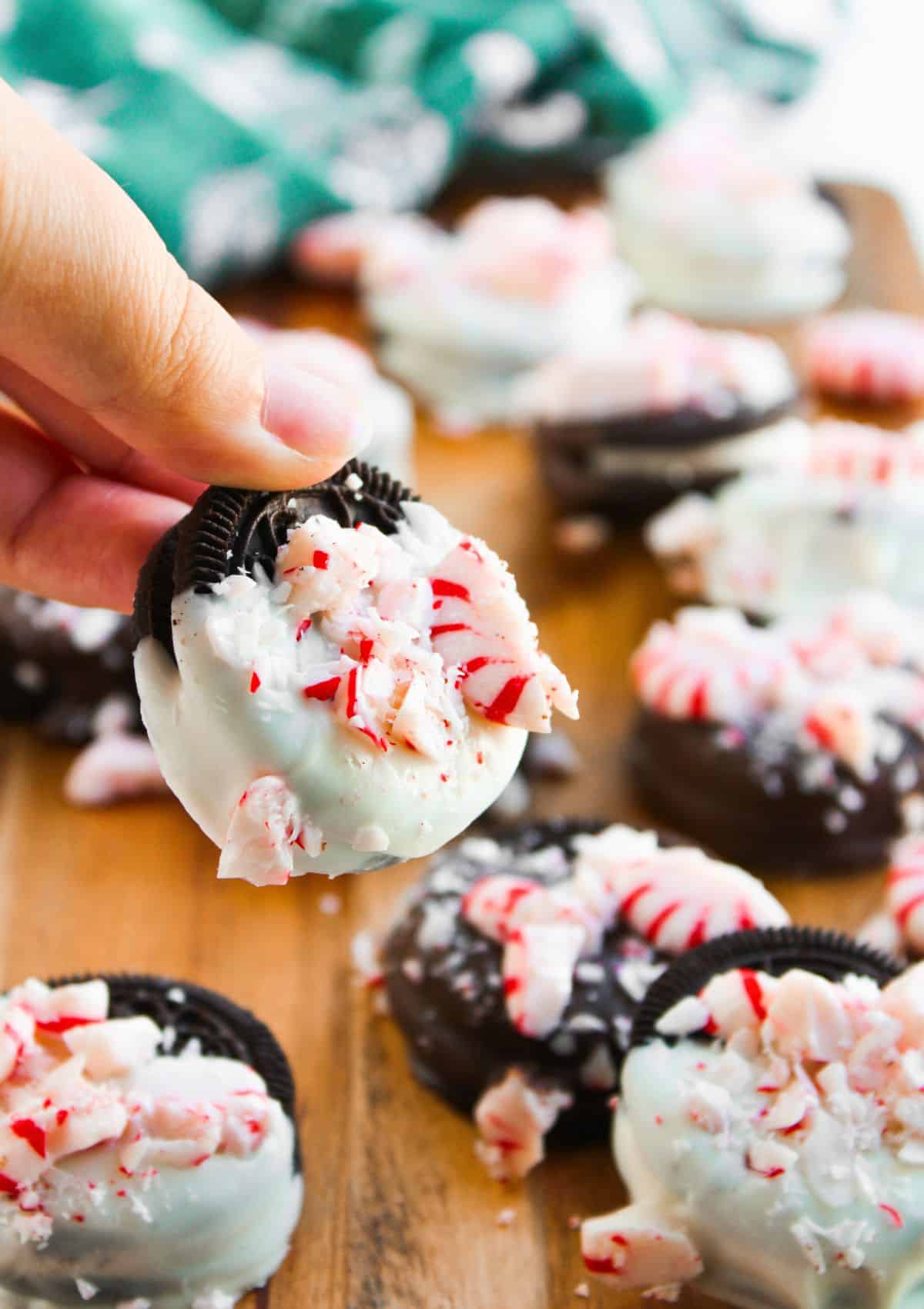 A hand holds a Peppermint Oreo dipped in white chocolate and topped with crushed peppermint. More decorated cookies are scattered on a wooden board in the background.