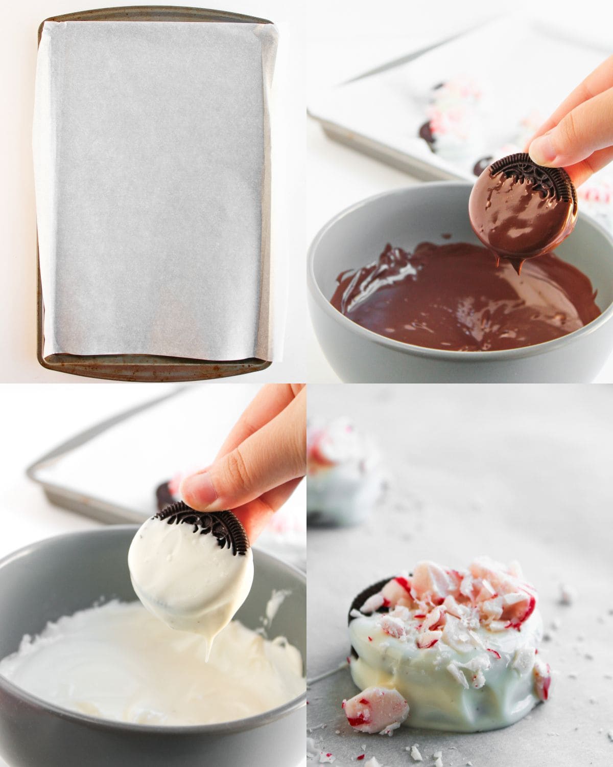 A four-step collage: a baking sheet lined with parchment paper, an Oreo cookie being dipped in melted chocolate, another Oreo dipped in white chocolate, and a finished cookie topped with crushed peppermint candy.