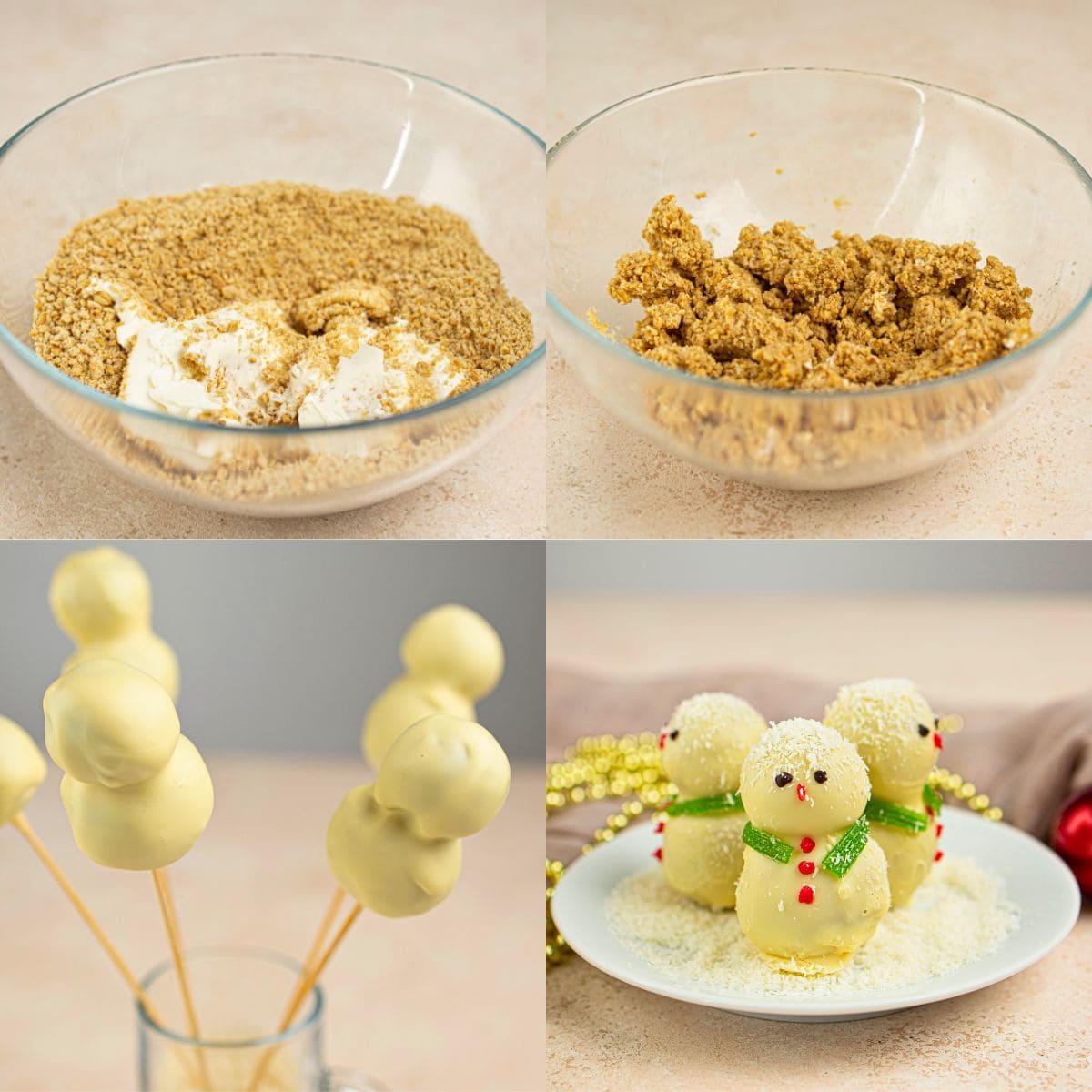 Four photos show: mixing crumbly ingredients in a bowl, forming the mixture into balls, stacking balls on sticks, and decorated snowman-shaped cake pops coated in white chocolate on a plate.