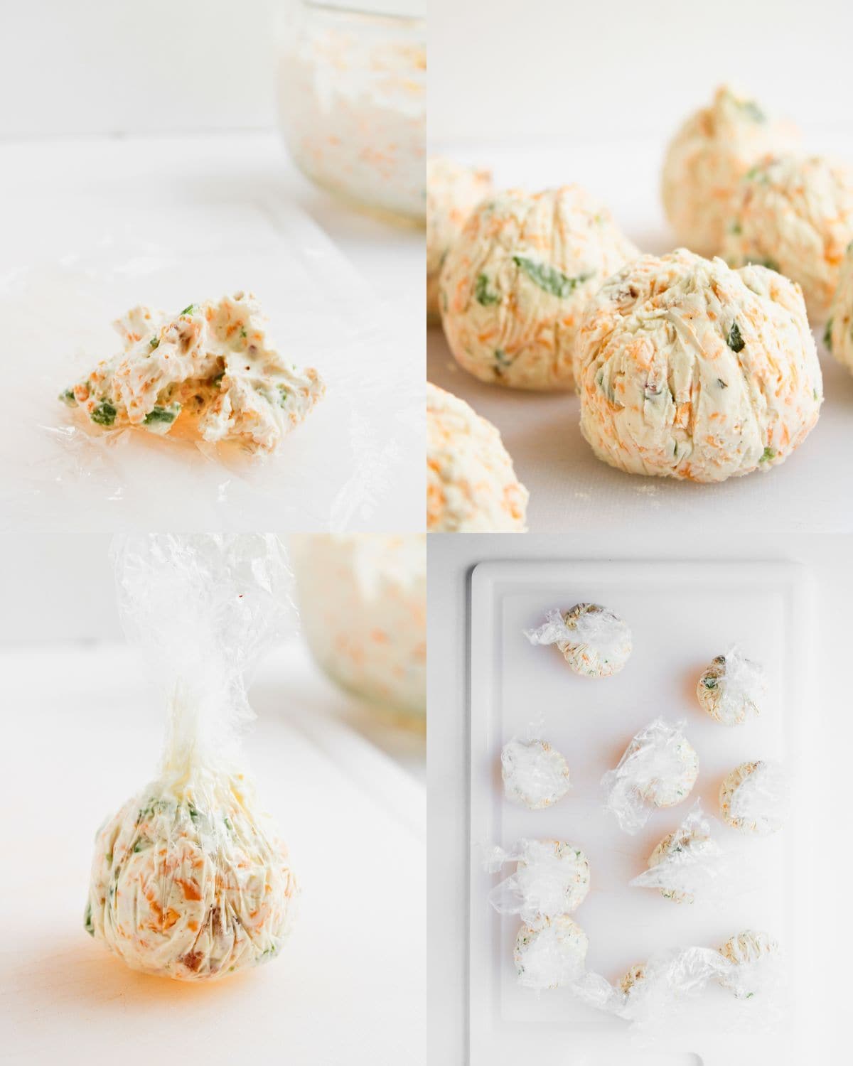 Four-step collage showing how to shape a cheese mixture: spreading the mixture on plastic wrap, forming it into balls, wrapping each ball in plastic, and placing wrapped balls on a tray.