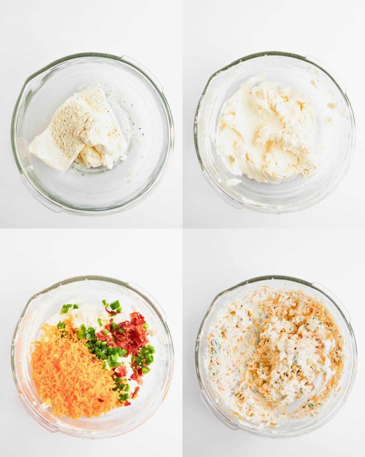 Four glass bowls in a grid show steps of mixing a cheese dip: first with cream cheese and seasoning, then blended smooth, next with shredded cheese, chopped peppers, and bacon, and finally mixed together.
