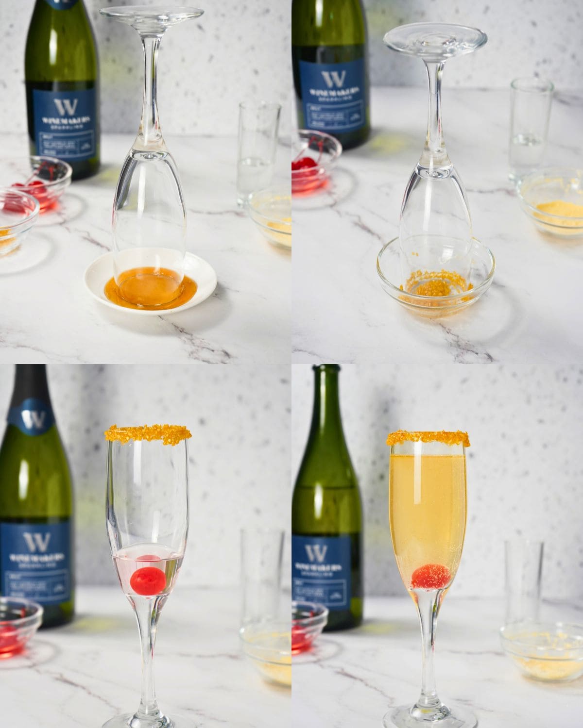 A four-step photo collage showing how to rim a champagne glass with sugar, add a cherry, and pour sparkling wine. Each image depicts a different stage in preparing the festive drink.