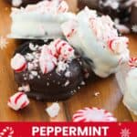 Chocolate and white chocolate-covered Oreo cookies topped with crushed peppermint candy on a wooden surface, surrounded by festive holiday graphics and the text “Peppermint Oreos” at the bottom.