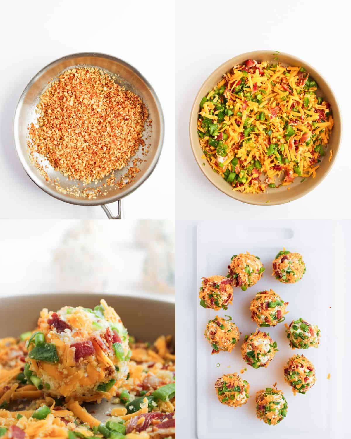 A collage of four images shows the process of making cheese balls: toasting breadcrumbs in a pan, mixing cheese and herbs, scooping the mixture, and a cutting board with rolled cheese balls coated in herbs.