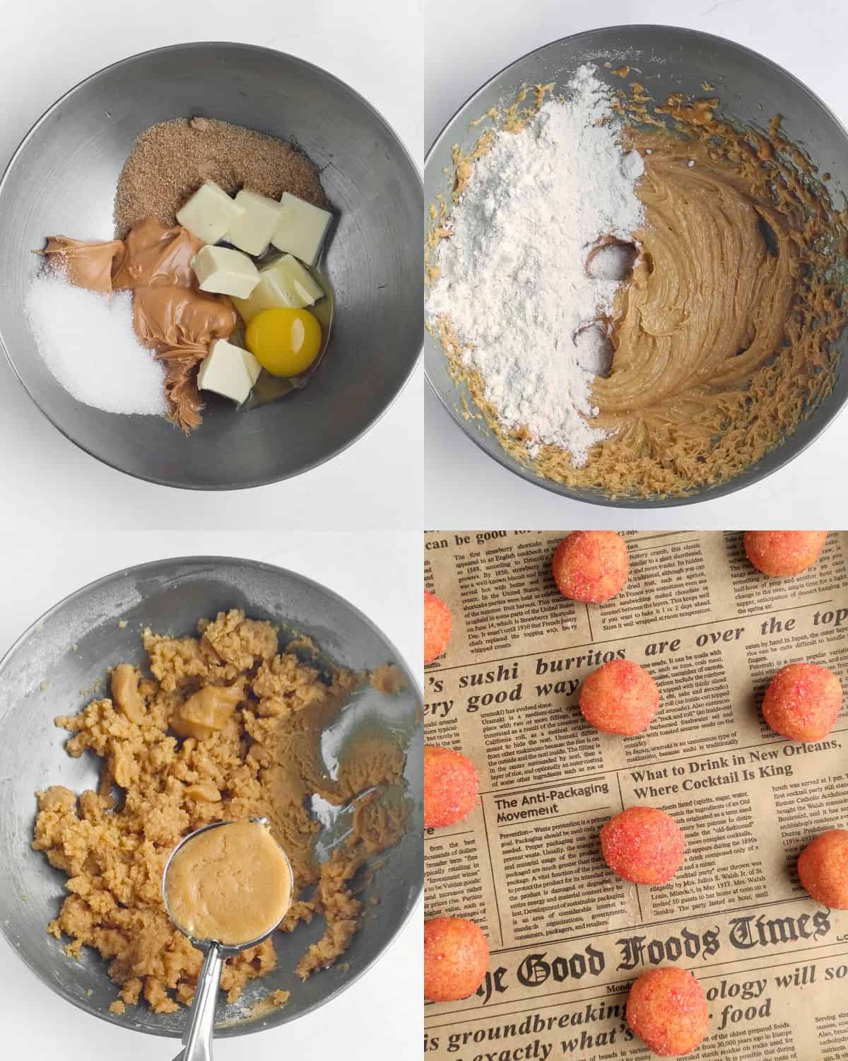 Four-panel image: Bowl with sugar, brown sugar, butter, peanut butter, and an egg; mixture blended in bowl; dough with spoonful of peanut butter; peanut butter balls on newspaper ready for baking.