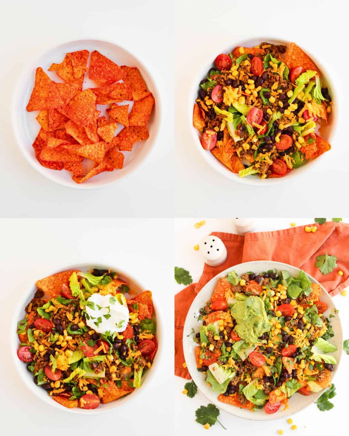 A four-step collage shows nacho chips in a bowl, then topped with taco ingredients like beans, corn, and tomatoes, then lettuce and sour cream added, and finally garnished with guacamole and cilantro.