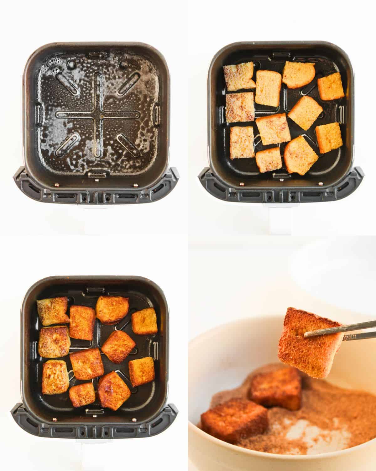 Four-step photo collage showing: an empty, greased air fryer basket; cubed bread inside the basket; golden-brown toasted cubes after air frying; and tongs dipping a toasted cube into cinnamon sugar.