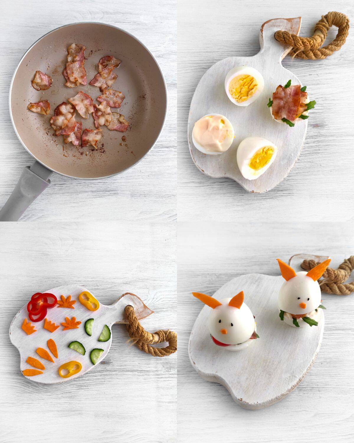 Four-panel image: Top left, bacon cooking in a pan. Top right, boiled eggs (halved and whole) and bacon on a white cutting board. Bottom left, chopped veggies arranged decoratively. Bottom right, eggs decorated as bunnies with veggie pieces.