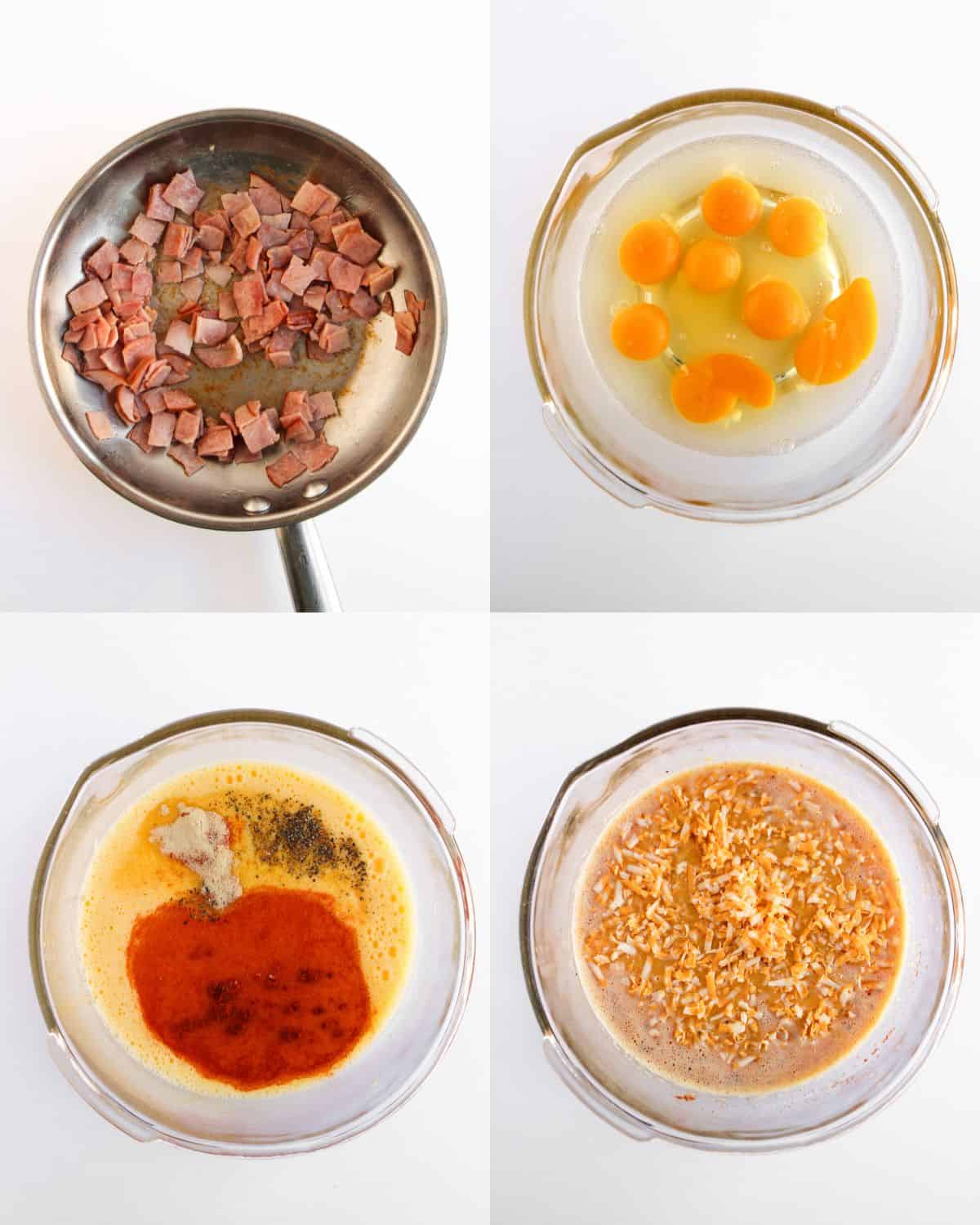 Four-panel image: Top left shows chopped ham cooking in a skillet. Top right shows cracked eggs in a glass bowl. Bottom left shows eggs mixed with spices and seasonings. Bottom right shows mixture with visible onions stirred in.
