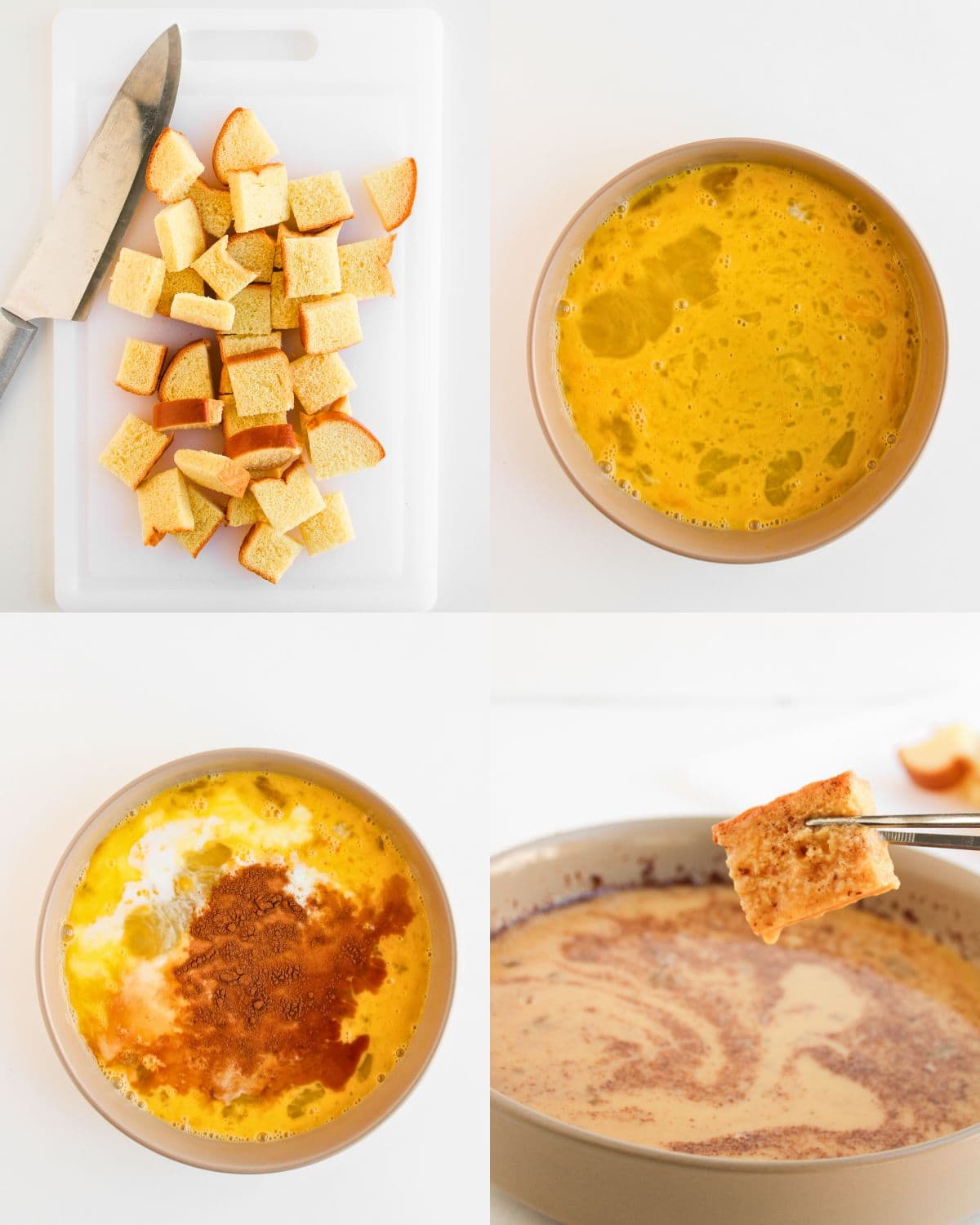 A four-step collage shows: chopped bread on a cutting board with a knife; a bowl of beaten eggs; eggs mixed with milk and cinnamon; a fork holding a soaked bread cube over the mixture.