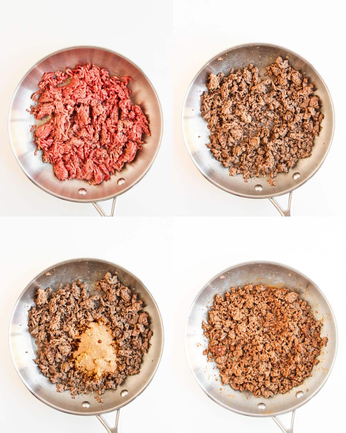 Four images show the process of cooking ground beef in a skillet: raw beef, browned beef, beef with seasonings added, and fully cooked, seasoned beef.