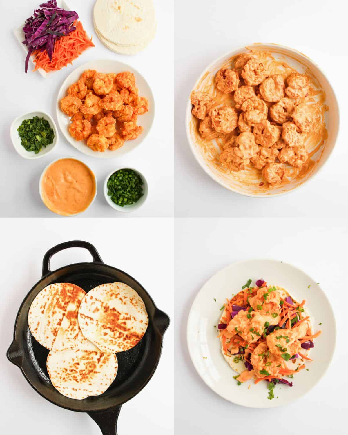 Four images show steps to make shrimp tacos: chopped vegetables and cooked shrimp with sauce; shrimp coated in sauce; tortillas cooking in a skillet; and finished tacos topped with shrimp, vegetables, and sauce on a plate.