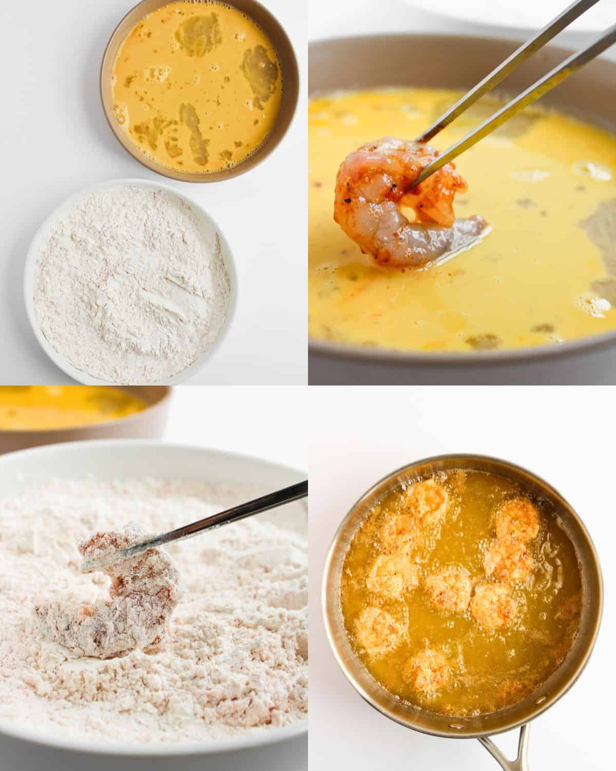 A step-by-step collage shows shrimp being dipped in egg wash, coated in flour, and then deep-fried in oil until golden brown. Four images show each stage of the breading and frying process.