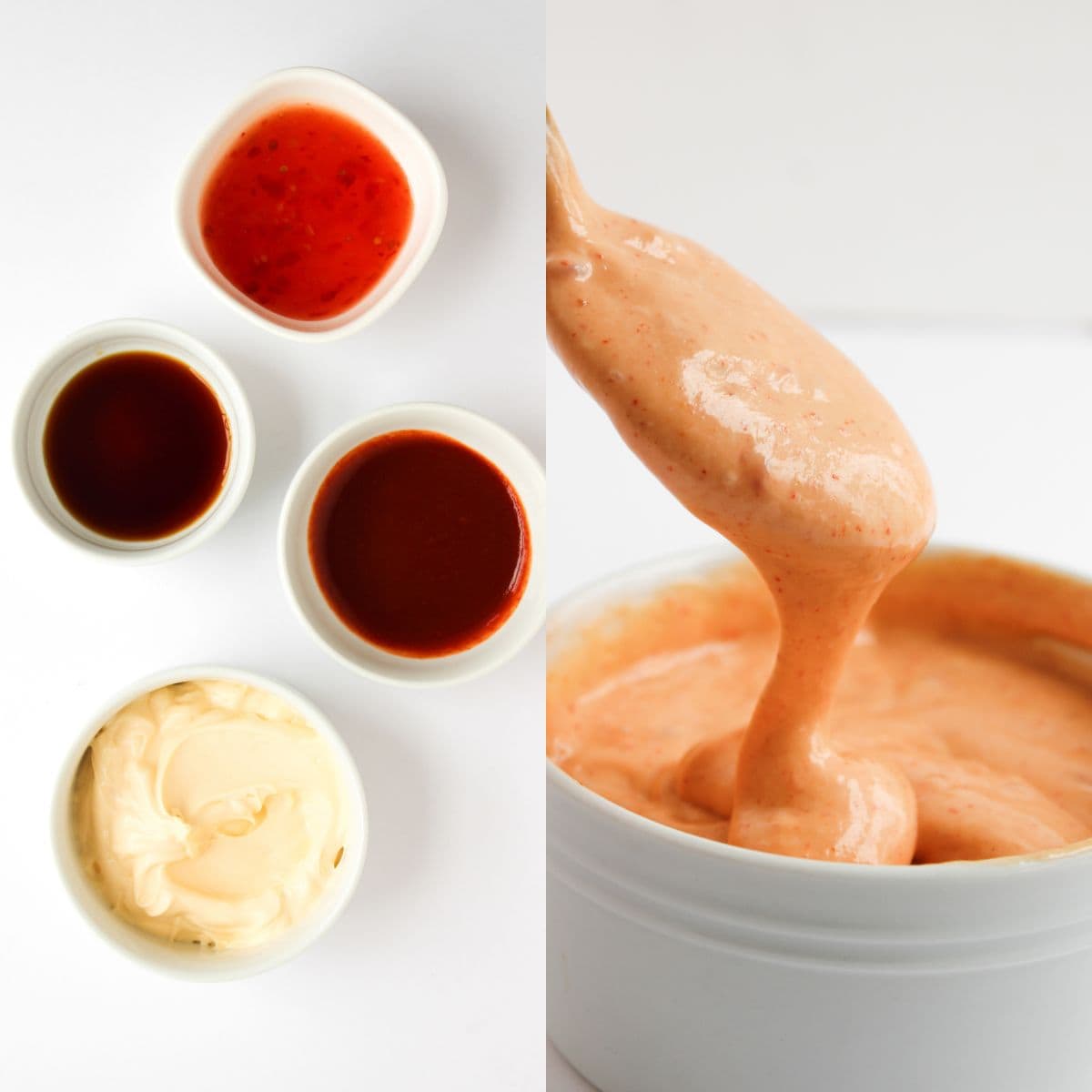 Four small bowls with mayonnaise, chili sauce, ketchup, and soy sauce on the left; on the right, a creamy orange sauce being lifted from a white bowl with a spoon.