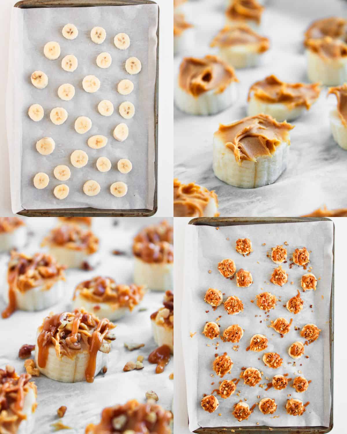 Four images show the steps of making a snack: sliced bananas on a tray, banana slices topped with peanut butter, then with chopped nuts, and finally the finished treats arranged neatly on parchment paper.