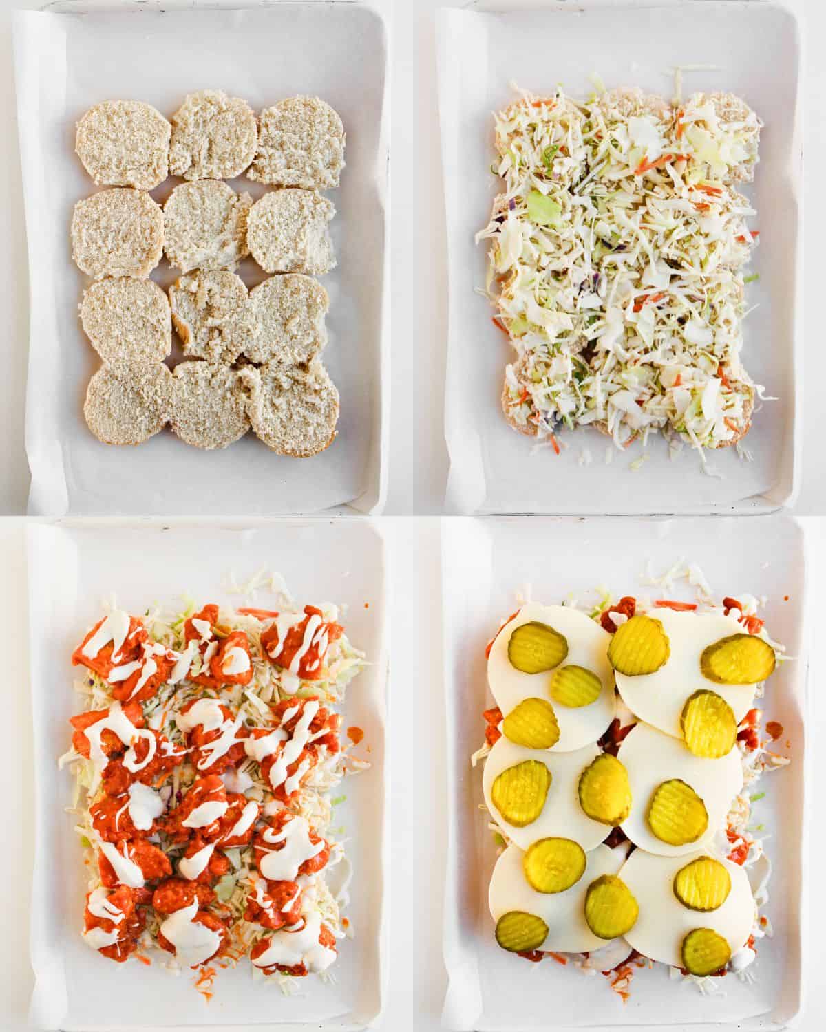 Four images show steps for assembling sliders: bottom buns in a baking dish, topped with shredded cabbage, then drizzled with sauce, and finally layered with cheese slices and pickle chips.