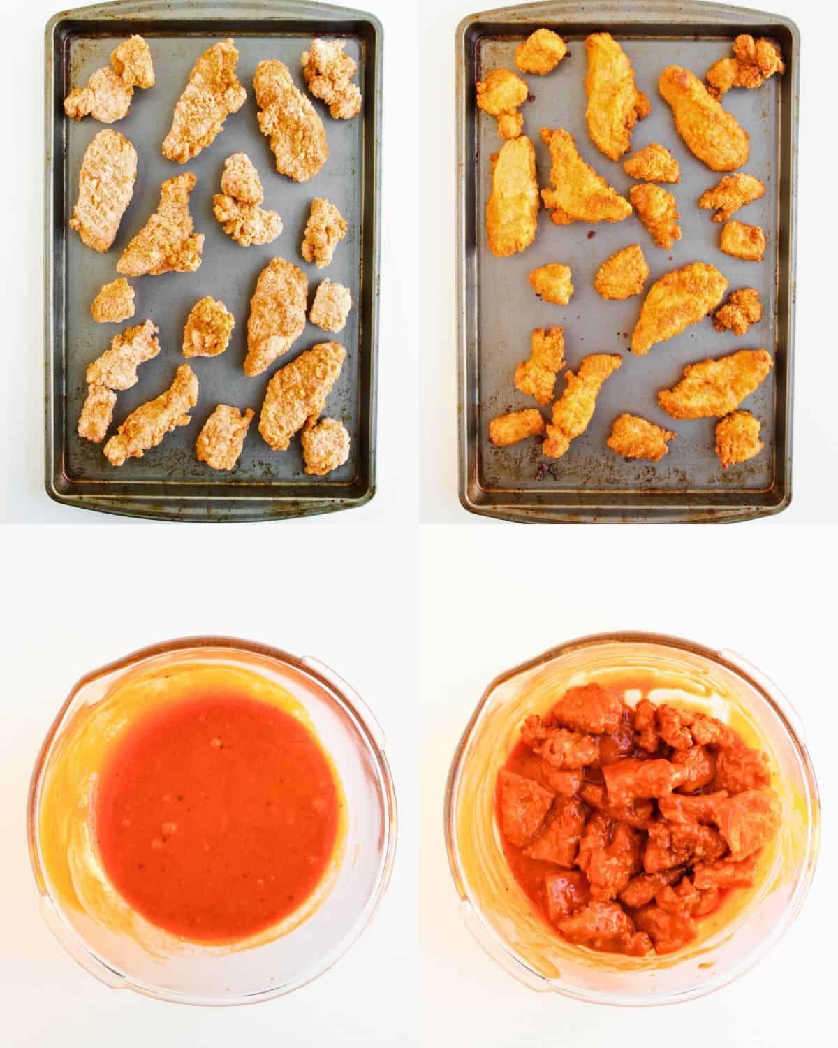 A four-panel image: Top left shows uncooked breaded chicken strips on a baking sheet. Top right shows the strips baked and golden. Bottom left is a bowl of orange-red sauce. Bottom right shows the chicken coated in the sauce.