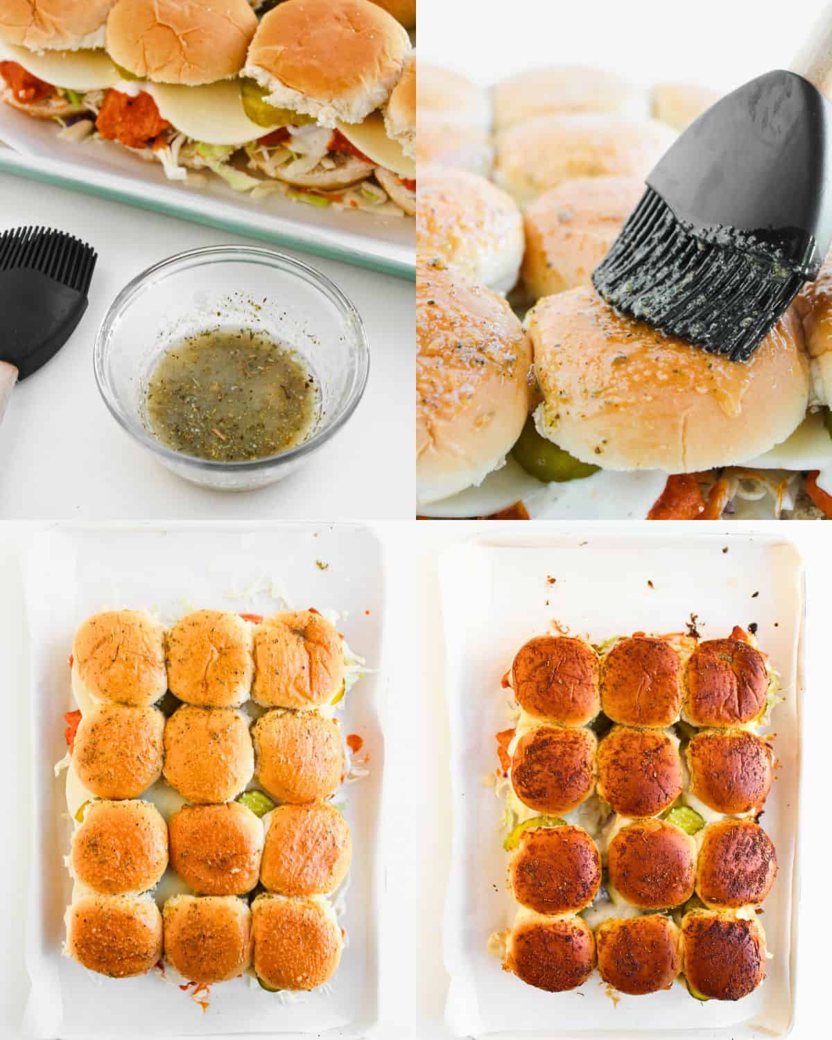 Four photos show steps of making slider sandwiches: assembling sliders in a dish, brushing the tops with seasoned butter, unbaked sliders on a tray, and the finished, golden-brown baked sliders.