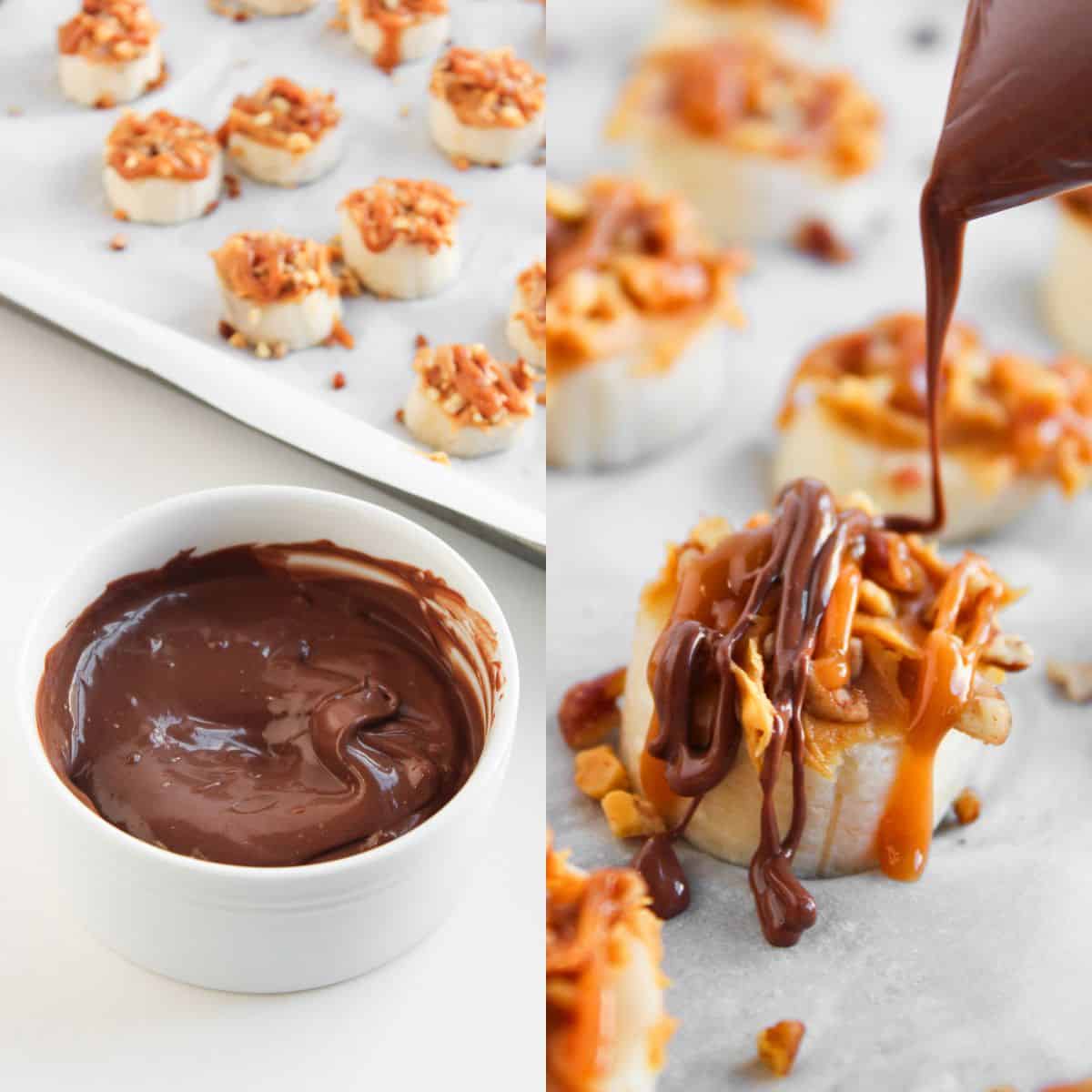 Sliced bananas topped with chopped nuts on a baking sheet; a bowl of melted chocolate and a close-up of melted chocolate being drizzled over the banana slices.