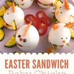 Hard-boiled eggs decorated as Easter sandwich baby chicks with carrot beaks and crowns, arranged on sliced cucumbers and red bell peppers. Text reads: "Easter Sandwich Baby Chicks - Mama Maggie's Kitchen.