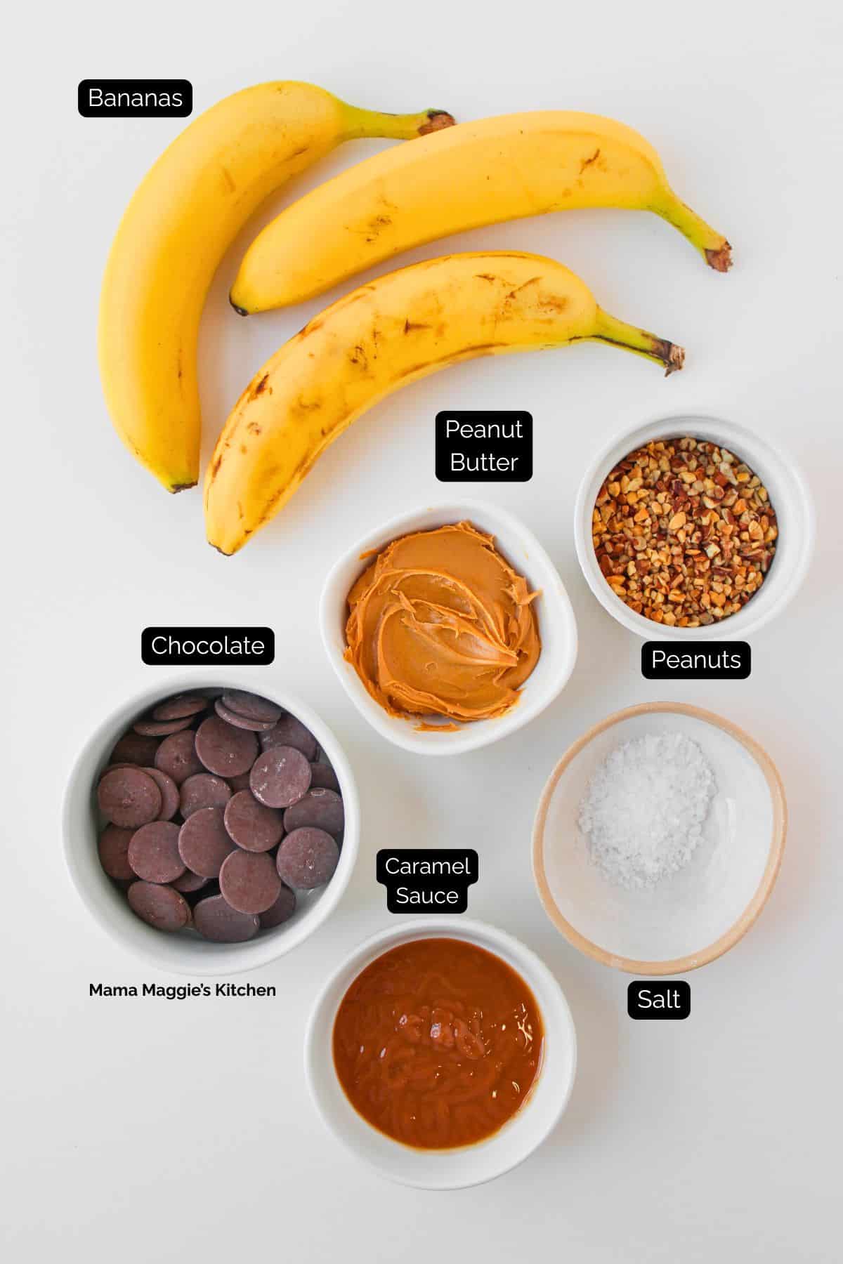 Ingredients for Frozen Banana Snickers Bites: Three whole bananas, a bowl of peanut butter, chocolate disks, caramel sauce, chopped and crushed peanuts, plus a small bowl of salt are arranged on a white surface, each clearly labeled.