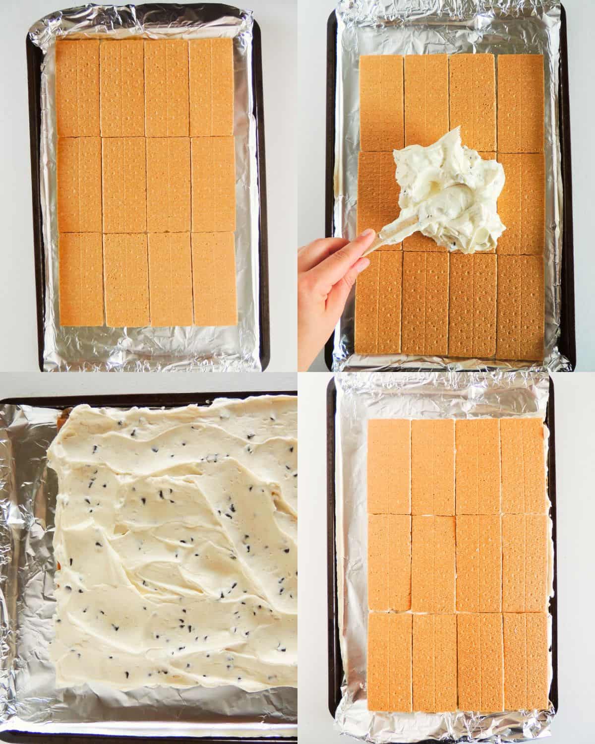 Four-step collage: graham crackers lined on foil-covered tray, cream mixture being spooned on top, mixture spread evenly, more graham crackers layered on top.