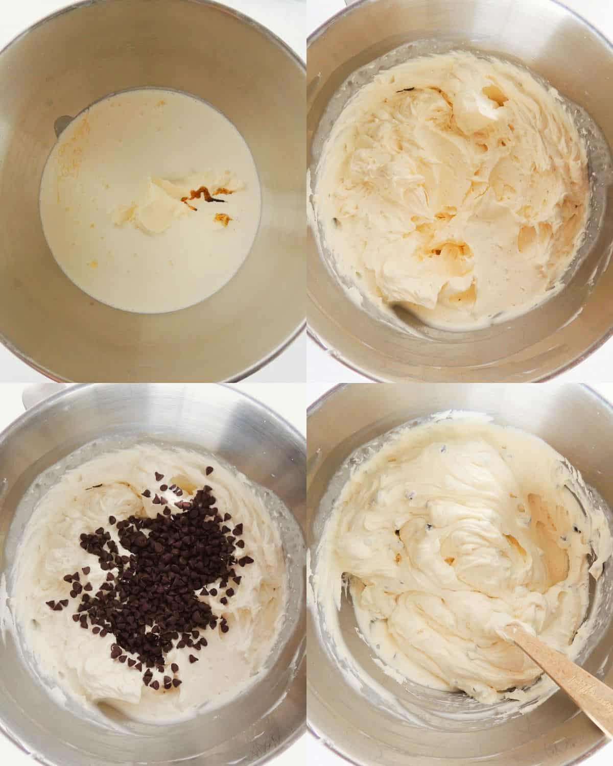Four photos showing the process of making chocolate chip whipped cream: cream and vanilla in a bowl, whipped to stiff peaks, chocolate chips added, and the mixture stirred together with a spatula.