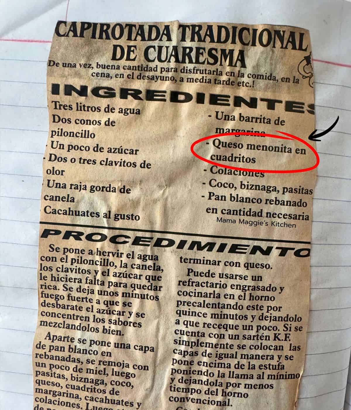 A newspaper clipping of a recipe for capirotada tradicional de cuaresma, with ingredients and procedure in Spanish. The phrase "Queso menonita en cuadritos" is circled in red.