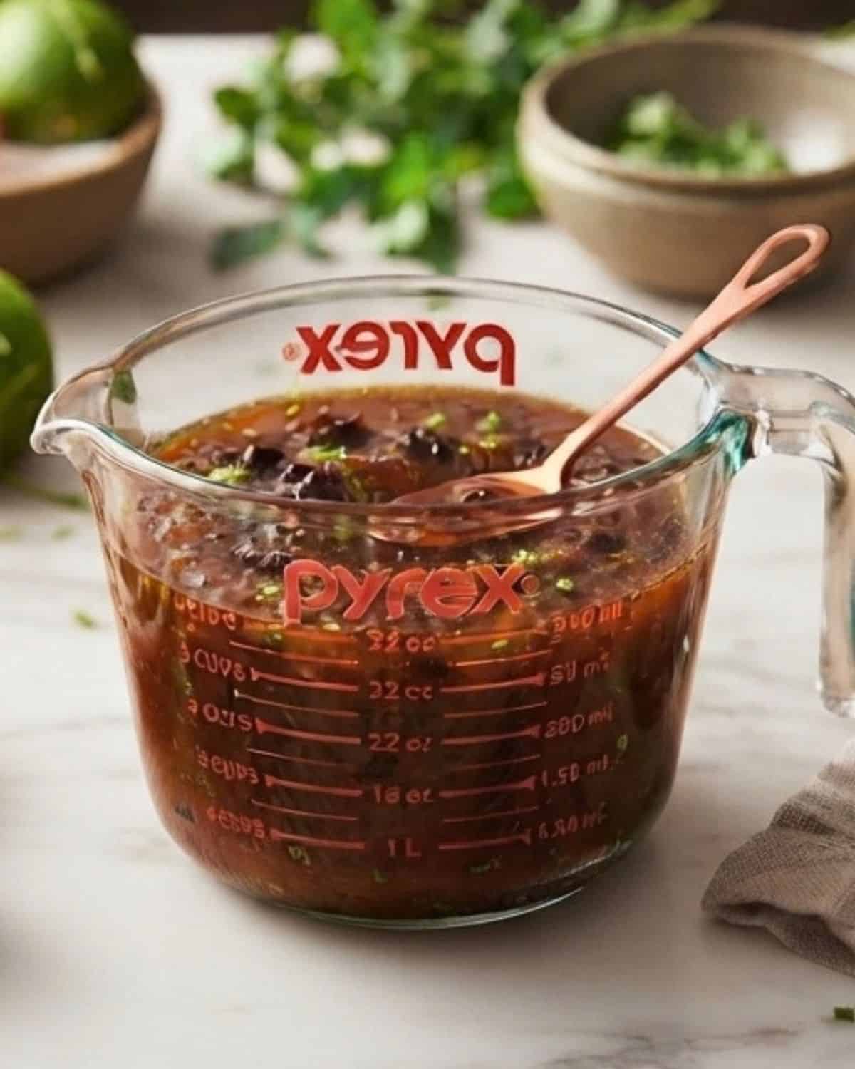 A glass Pyrex measuring cup filled with chunky honey lime chipotle sauce and a spoon inside, set on a marble surface with herbs and limes in the background.